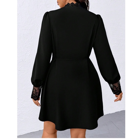 Plus Black Bottom Down Floral Semi Sheer Lace Long sleeve Dress - Picture 5 of 5